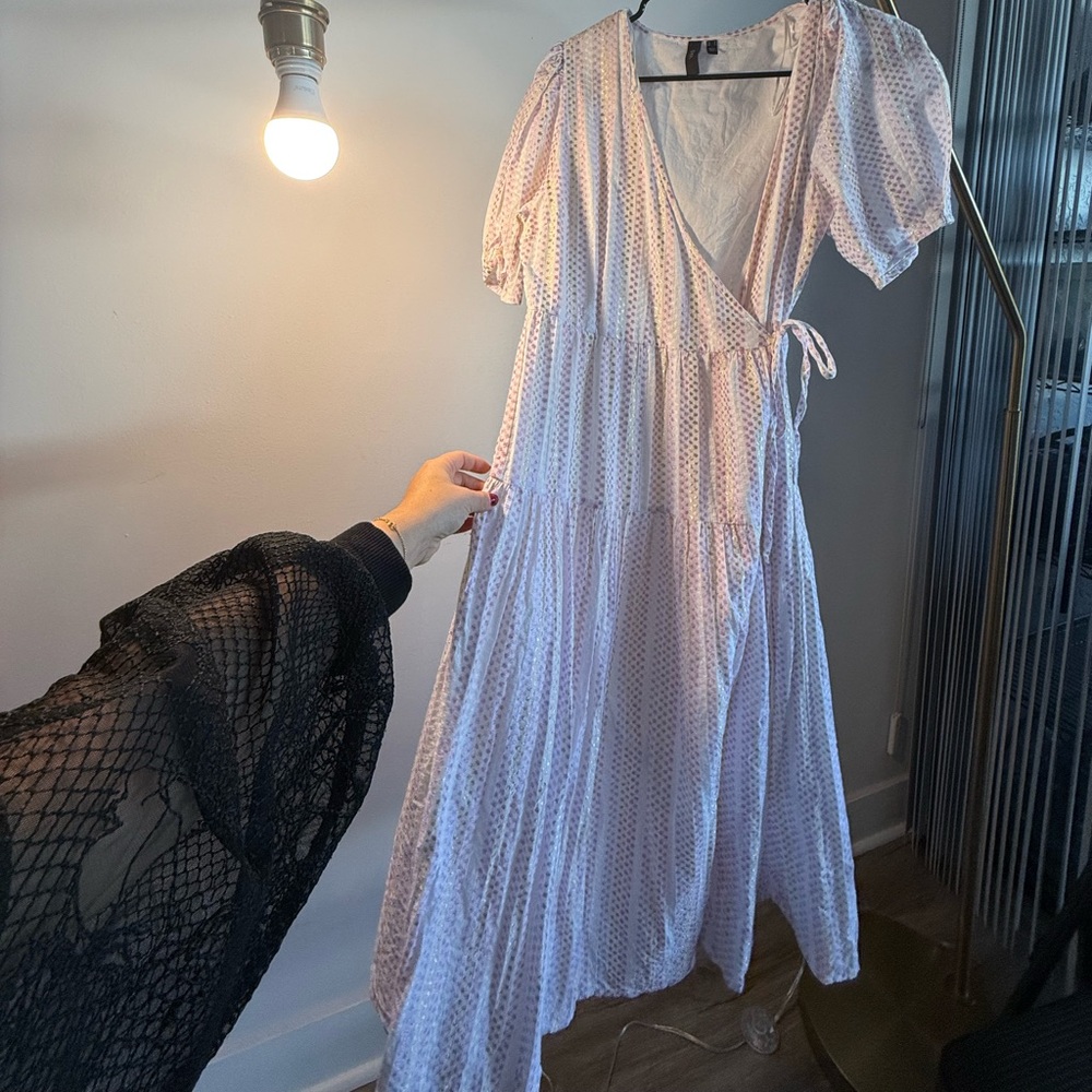 White, pink, purple and gold wrap dress- perfect for a summers day/ evening